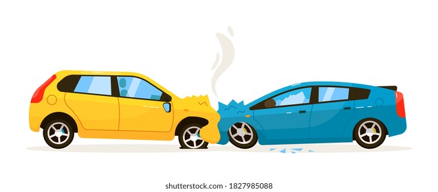 Colisión de coche frontal. Situación problemática en la ilustración del vector de tráfico. Colisión de impacto del coche frontal con lesión del parachoques aislada en fondo blanco