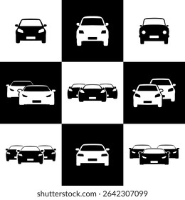 Conjunto De Ícones Frontal Car. Coleção de símbolos de veículo de silhueta preta em estilo minimalista