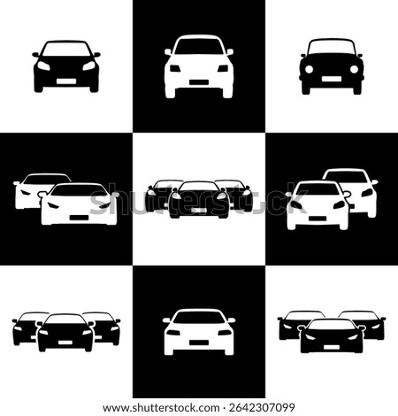 Frontal Car Icon Set. Collection of Black Silhouette Vehicle Symbols in Minimalist Style