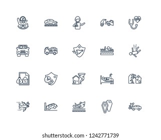 Frontal Crash, Coffin, Ship Insurance, Parking Crash, Health Drown, Insurance For Home Of Tornado, Mortgage, Towed Car, Broken Arm Outline Vector Icons From 20 Set