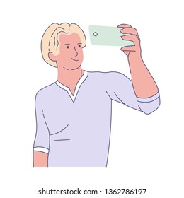 Frontal digital camera man taking selfie with smartphone photography isolated character modern technology photoshot on cellphone blond young guy holding telephone self portrait creation social media.