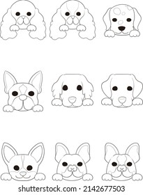 Frontal face of a dog (set of 9 dogs of 7 breeds)Line Art
