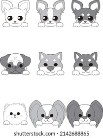 Frontal face of a dog (set of 9 dogs of 7 breeds)Line Art