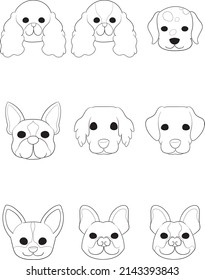 Frontal face of a dog (set of 9 dogs of 7 breeds)Line Art