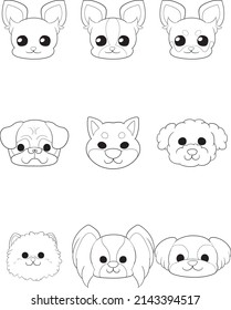 Frontal face of a dog (set of 9 dogs of 7 breeds)Line Art