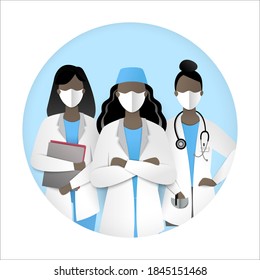 Frontal heroes, icon illustration of black female doctors in masks. Vector.