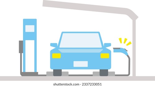 A frontal illustration of an electric car charging in a covered parking lot