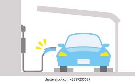 A frontal illustration of an electric car charging in a covered home parking lot