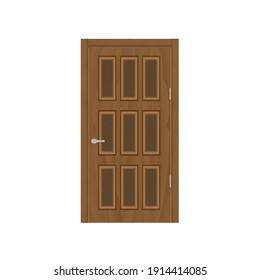 Frontal image of a closed brown door, isolated on white background.