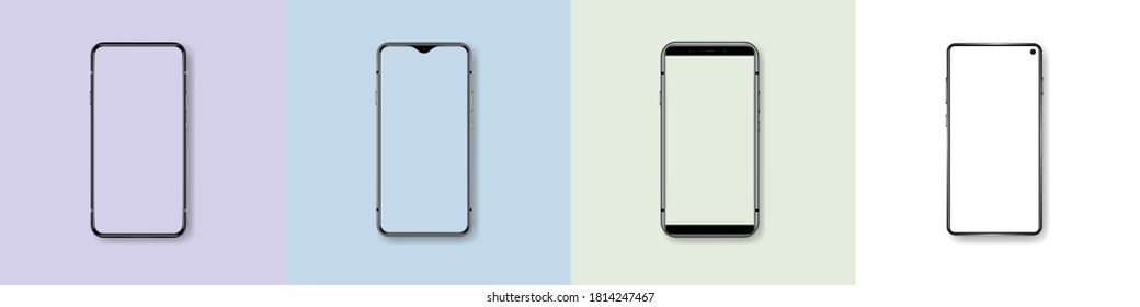 Frontal mockup smartphones with shadow and soft trending background. Cellphones in realistic style with shadow and blank screen. Smartphone vector mockup.  Vector collection mobile phones