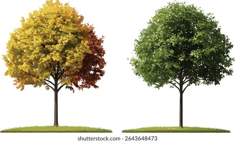 Conjunto frontal de verão Ostrya virginiana e outono Acer buergerianum rua árvores, ilustração vetorial, verde urbano, isolado em fundo transparente, elementos paisagísticos.