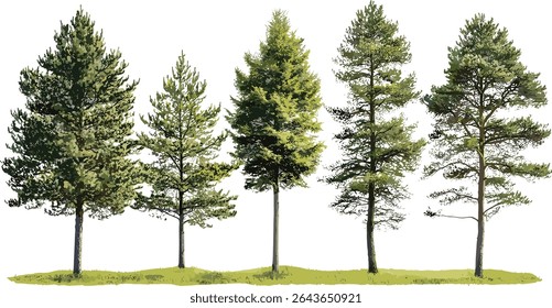 Frontal set of Taxodium ascendens and Pinus lambertiana trees isolated cutout, vector illustration, coniferous trees, forest greenery, nature background, tall tree species.
