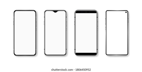 Frontal smartphones with shadows, flare and blank screen made in 3D realistic style. Various mobile phone mockups. Smartphone no frame for presentation UI, web, app. Realistic Cell phone vector set.