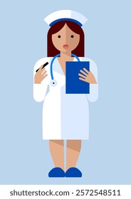 A frontal standing young cartoon nurse in funny flat style in a white medical uniform with a stethoscope and a notepad on light blue background. Vector illustration