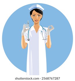 A frontal standing young nurse in a white medical uniform with a stethoscope around her neck and a syringe in her hands wearing transparent gloves. Vector 
illustration