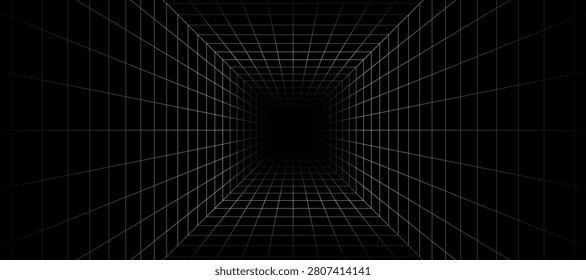 Frontal symmetric white wireframe box tunnel with centered dark void and receding square grid frames on black background, 3D perspective render