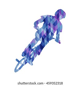 Frontal triangle silhouette of bmx cyclist isolated on white background. Vector 