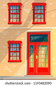 Frontal view of an apartment building with bright doors and windows. The shadow of the tree. Vector cartoon illustration.
