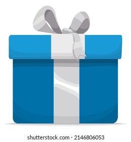 Frontal view of blue gift box with silver ribbon and bow tie sealing it, isolated over white background.