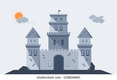 The frontal view of a castle.   The towers with crenels, roofs and a flag on top.