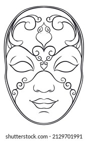 Frontal view of fancy and traditional Italian mask for women in Volto style. Design in outline to coloring activities.