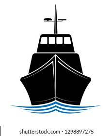 Frontal view of a floating ship, tug or boat. Logo for sea, ocean or river transport company