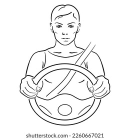 Frontal view of a girl with a short hairstyle sitting in a car and holding the steering wheel