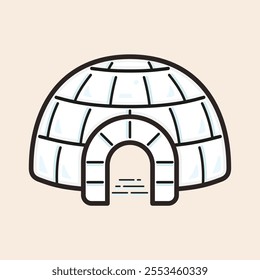 Frontal view of iconic white igloo with blue reflexes and main door entrance vector filled icon.