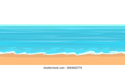 Frontal view of the seashore. Waves along the surf line. Yellow sandy beach. Distant horizon. The isolated object on a white background. Seamless Vector