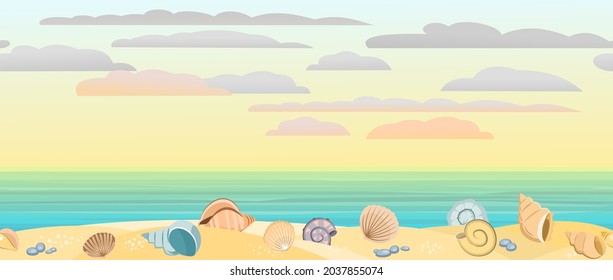 Frontal view of the seashore. Yellow sandy beach. Soft sunset sky with light clouds. Distant horizon. Shellfish and snail shells. Close up View. Seamless Vector