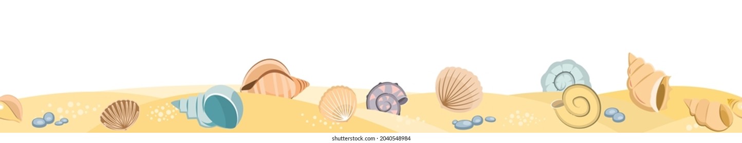 Frontal view of the seashore. Yellow sandy beach. Shellfish and snail shells. Close up View. The isolated object on a white background. Seamless Vector