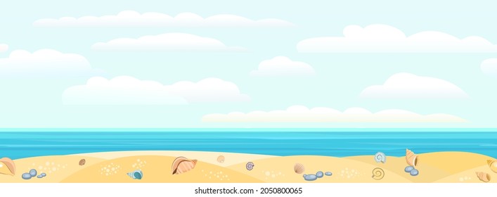 Frontal view of the seashore. Yellow sandy beach. Soft sky with light clouds. Distant horizon. Shellfish and snail shells. Close up View. Seamless Vector