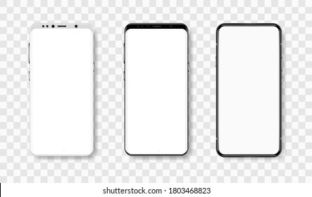 Frontal view of smartphones in realistic style with blank display. High level of detail. Vector mockup mobile phone with show product web site, ui app, online platform, shop. Mockup smartphone set