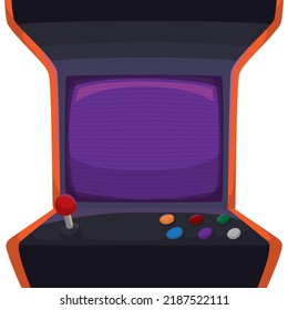Frontal view of traditional arcade case video game, with screen with scanlines, joystick and buttons.