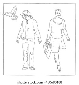Frontal view of two young women, smiling, standing and walking, one carrying a bag, one watching a bird. Hand drawn vector illustration for scribble composings and presentations