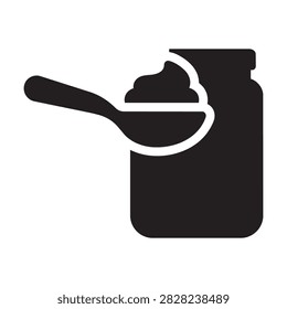 Frontal view vector icon of a spoon scooping baby food or yogurt from a jar, representing healthy feeding and care for infants or daily meal preparation in a clean minimalist style.