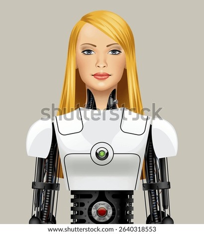 Frontally standing beautiful blonde bio robot girl waist-up with long flowing hair in a white plastic spacesuit and many metal mechanisms. Vector realistic illustration in 3d style. NOT AI generated