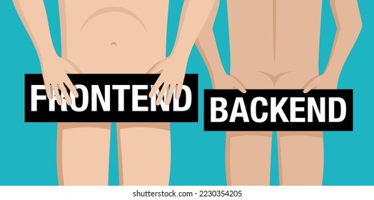 Frontend and Backend Development banner with quite strange metaphor - Hand holding censored black billet