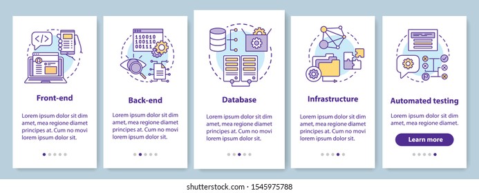 Front-end, back-end development onboarding mobile app page screen with linear concepts. Database programming walkthrough steps graphic instructions. UX, UI, GUI vector template with illustrations