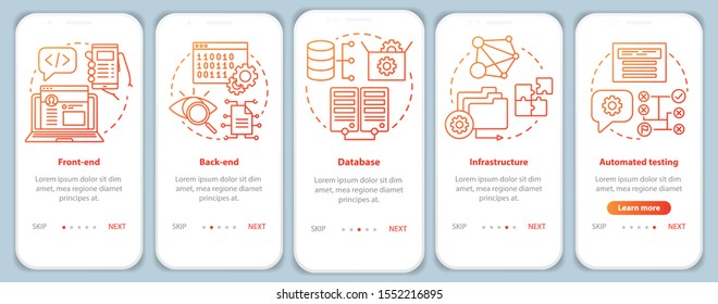 Front-end, back-end development onboarding mobile app page screen vector template. App programming. Walkthrough website steps with linear illustrations. UX, UI, GUI smartphone interface concept