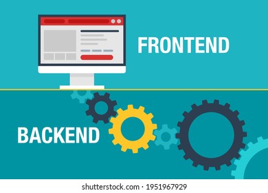 Frontend and Backend Development. User interface with gears mechanism underground. Flat vector illustration