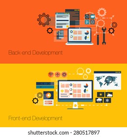 Front-end and Back-end development. Vector illustration. Flat computing background. Programming and coding. Web development and search. Search engine optimization. Innovation and technologies.