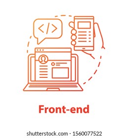 Front-end concept icon. Software development kit idea thin line illustration. Service orchestration. Programming and coding. Responsive website design. Vector isolated outline drawing