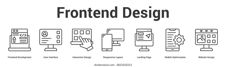 Frontend Design web banner icon vector illustration concept for business with icon of Frontend Development, User Interface, Interactive Design, Responsive Layout, Landing Page, Mobile Optimization,.