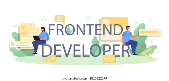 Frontend developer typographic header. Website interface design improvement. Programming and coding. IT profession. Isolated flat vector illustration