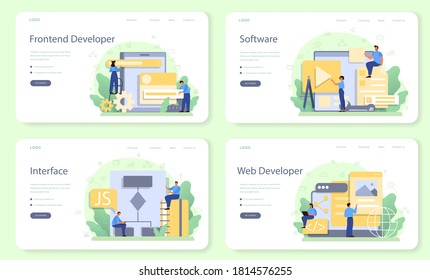 Frontend developer web banner or landing page set. Website interface design improvement. Programming and coding. IT profession. Isolated flat vector illustration