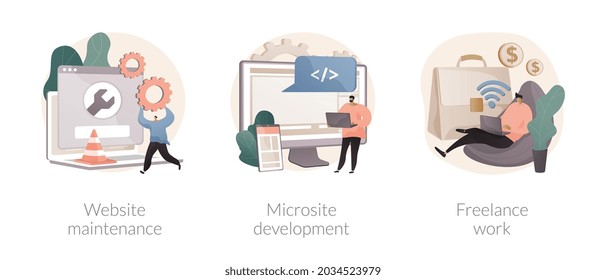 Frontend development abstract concept vector illustration set. Website maintenance, microsite development, freelance work, webpage seo, graphic design, landing page, remote work abstract metaphor.