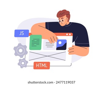 Front-end development concept. UI UX designer creating website layout. Website developer developing web-site pages, digital user interface design. Flat vector illustration isolated on white background