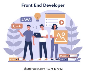 Frontend development concept. Website interface design improvement. Programming and coding. IT profession. Isolated flat vector illustration