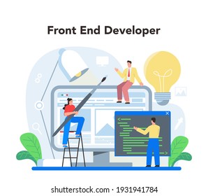 Frontend development concept. Website interface design improvement. Web page programming, coding and testing. IT profession. Isolated flat vector illustration